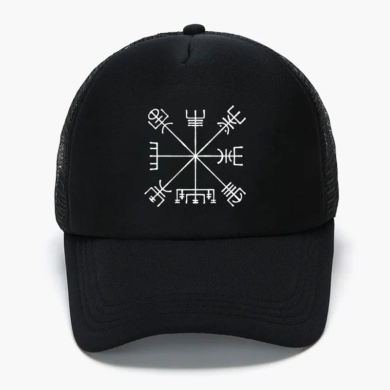 Viking Vegvisir Compass Foam Trucker Hat Men All Black Mesh Back Snapback Cap Nordic Runes Summer Baseball Caps Casquette Homme