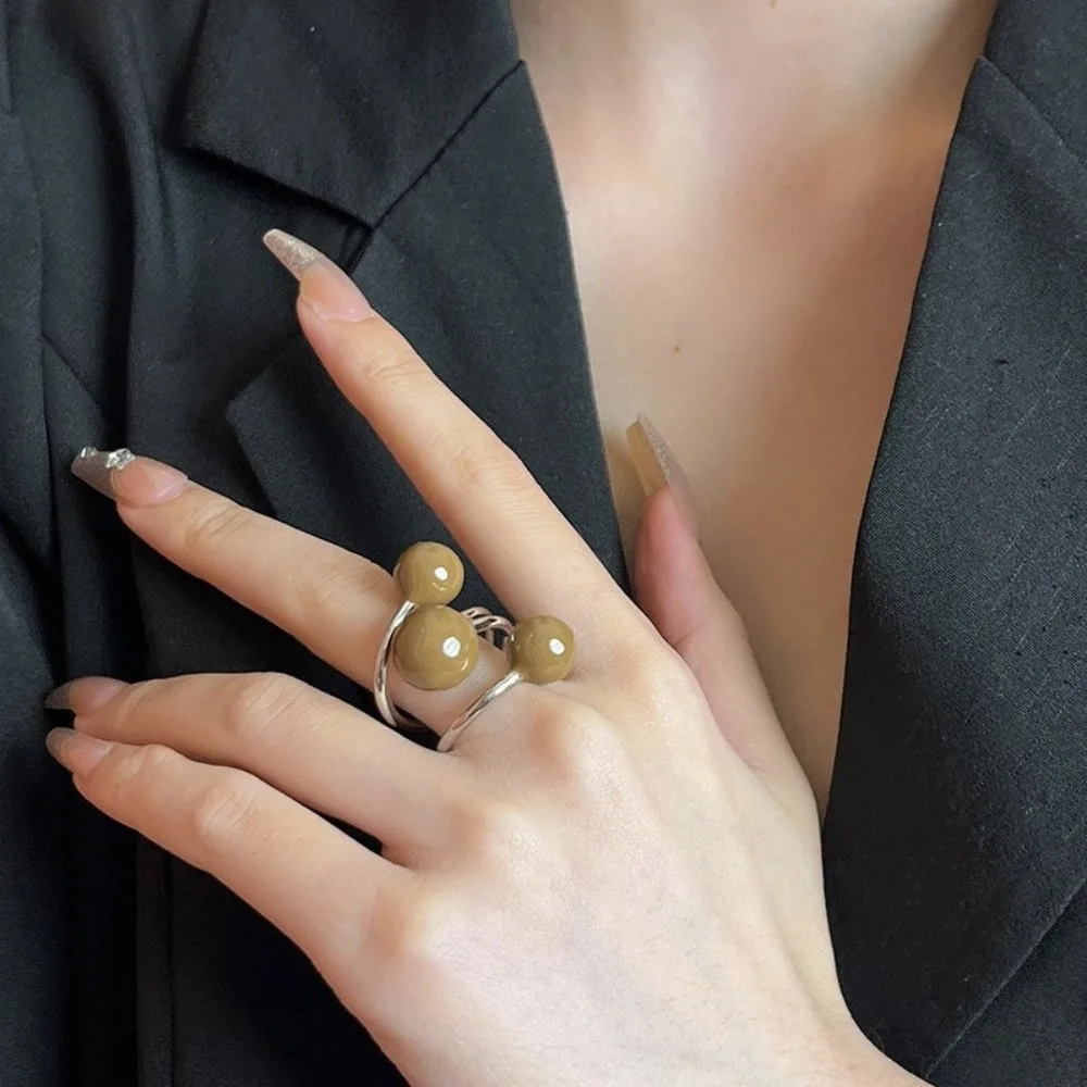 Vintage Imitation Pearl Planet Rings Opening Adjustable Chocolate Color Open Ring Minimalist Elegant Exaggerated Ring