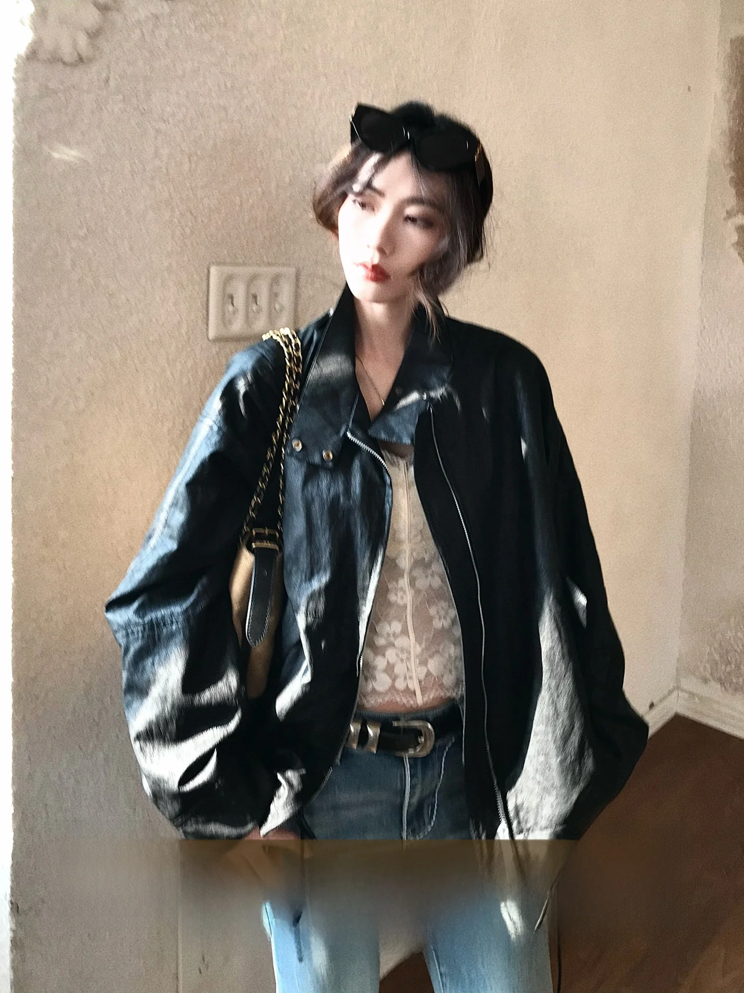 

Ретро-куртка из искусственной кожи для женщин, свободного кроя, с воротником-стойкой, короткая верхняя одежда, модная весенняя куртка в мотоциклетном стиле