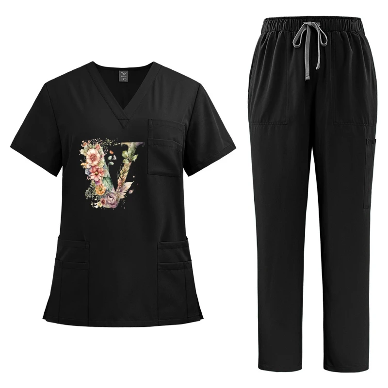 

Custom Print V-Neck Short-Sleeve Nurse Set Unisex Hospital Overalls Wrinkle-Resistant Washable Multi-Pocket Work Uniform