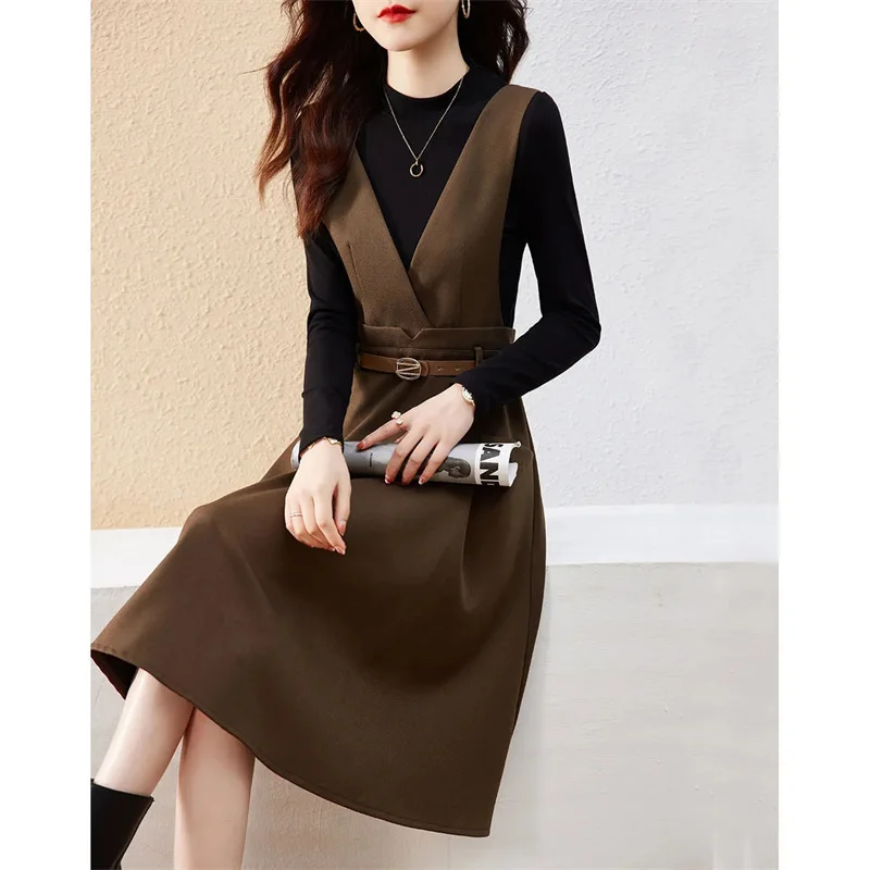 

Korean Femme Leisure Shoulder Strap Dress Autumn Winter Ladies Fashion High Waist Wool Suspenders Vestidos Women Long Dresses