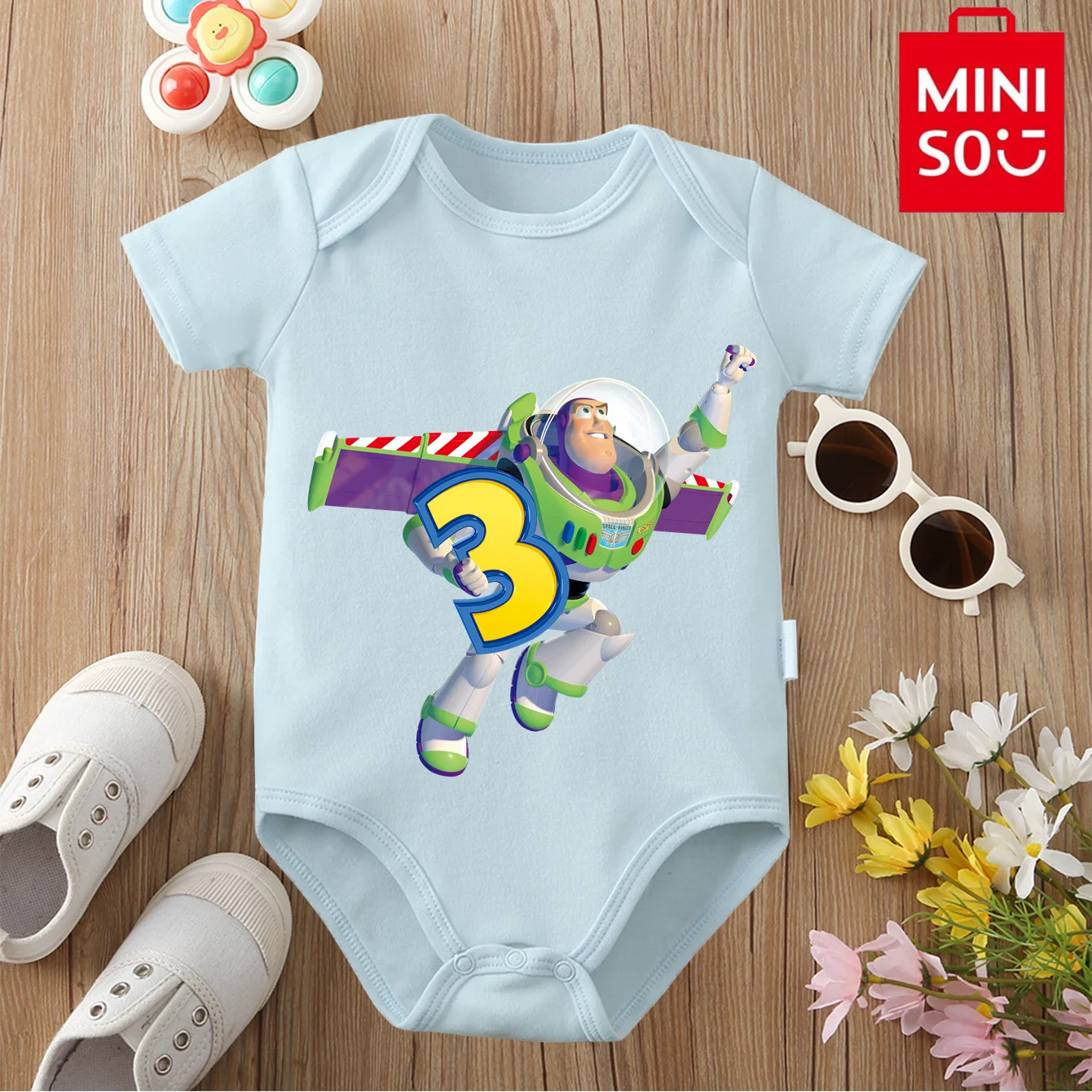 

MINISO & Disney Jointly Signed, 100% хлопок, детская одежда, детский комбинезон, боди с милым принтом рекса и базза для новорожденных от 0 до 12 месяцев