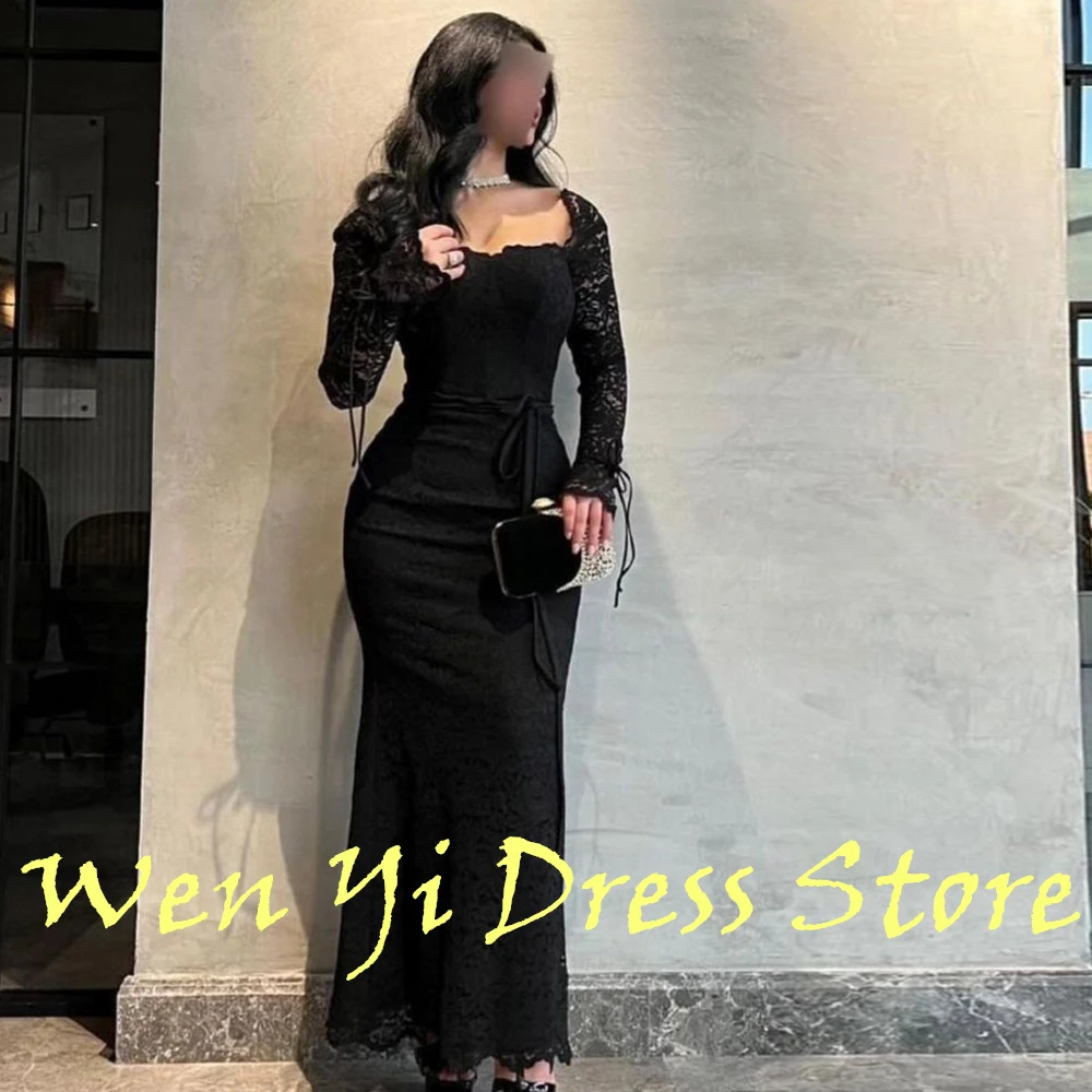 Black Lace Elegant Appliques Saudi Arabia Evening Dress Classic Straight Ankle Length Square Neck Custom Made Long Sleeves 2024