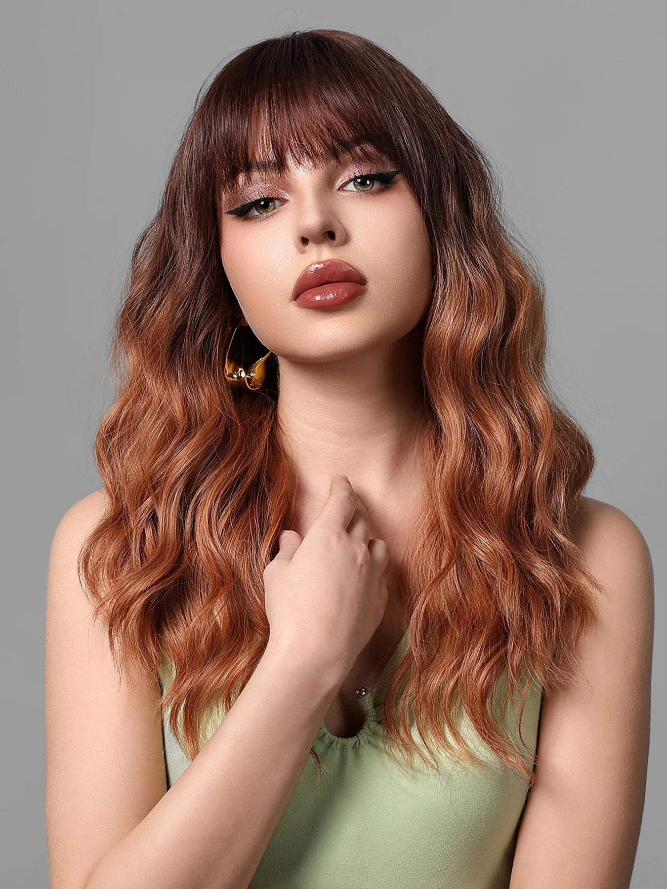 EASIHAIR Ombre Copper Brown Synthetic Hair Wig Long Curly Wavy Wigs with Bangs for Women Cosplay Daily Natural Heat Resistant