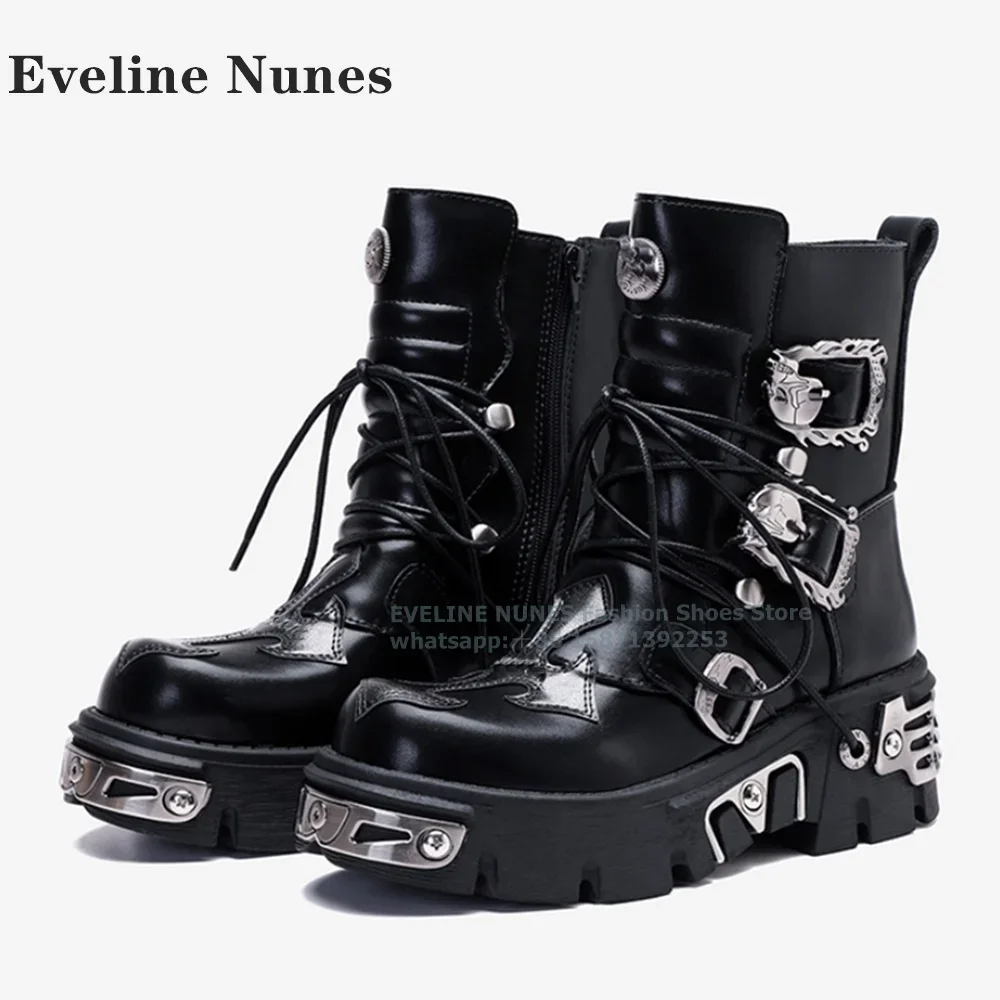 

Мотоциклетные ботинки с металлическими украшениями и перекрестной завязкой, с круглым носком, на танке, на подошве, в стиле пэчворк, ботильоны на боковой молнии в стиле панк, 2026, зимняя новейшая тенденция