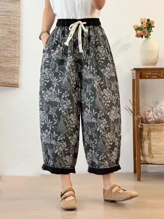 Casual Cotton Linen Wide Leg Pants Ethnic Style Loose Fit Nine Points Women's Summer New Fashion Printed Loose Pants
