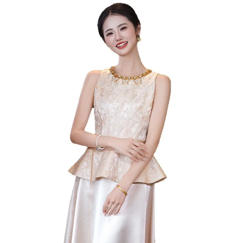 Champagne-colored new Chinese-style sleeveless toasting fashion set daily dress