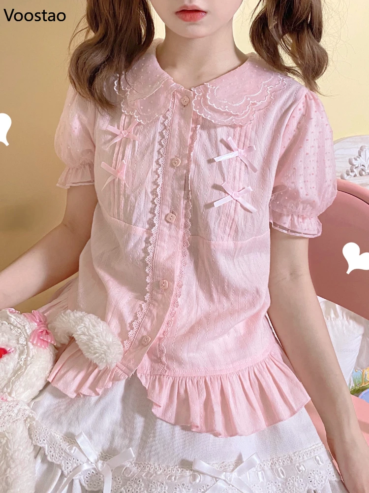 Sweet Lolita Blouses Girly Japanese Kawaii Bow Lace Peter Pan Collar Puff Sleeve JK Shirts Women Cute Princess Tops Blusas Mujer