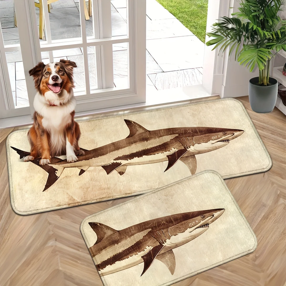 Vintage Shark Flannel Doormat Non Slip Absorbent Washable Bath Rug, Retro Ocean Animal Print Floor Mat for Bathroom Kitchen