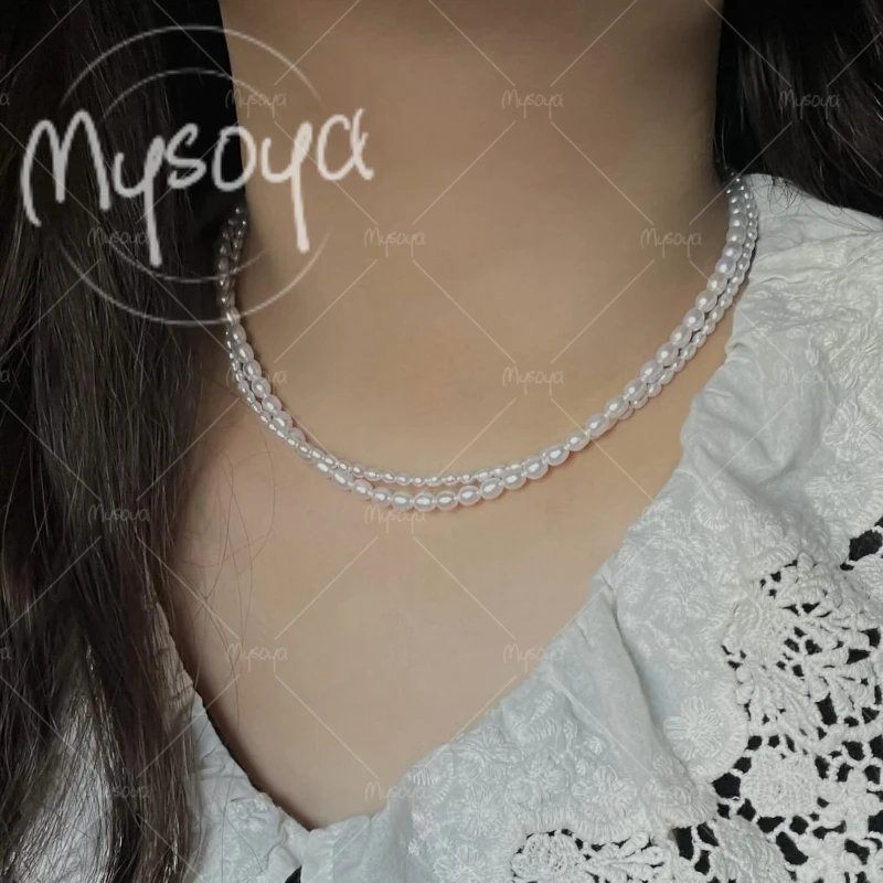 

MYSOYA 2-3mm & 4-5mm Double Layer White Rice Freshwater Pearl Necklace,for Birthday/Wedding/Mother's Day/Father's Day Gift A0938