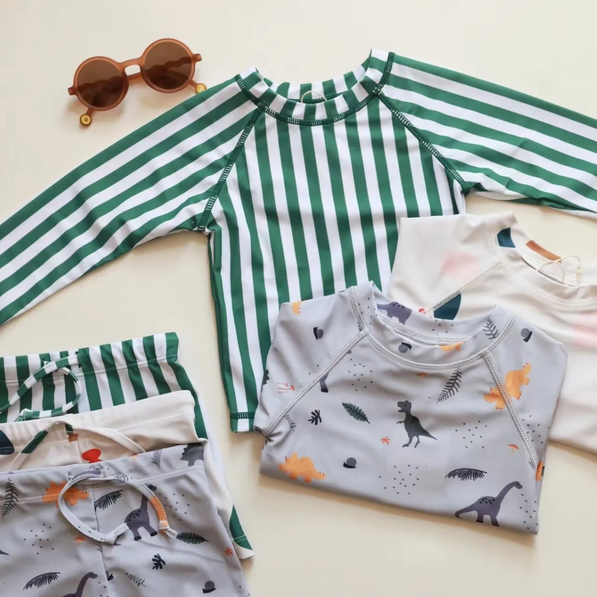 1-7T Toddler Kid Boy Swimwear Clothes Set Print Long Sleeve Top Shorts Swim Set Sun Protection Quick-dry Swimsuit