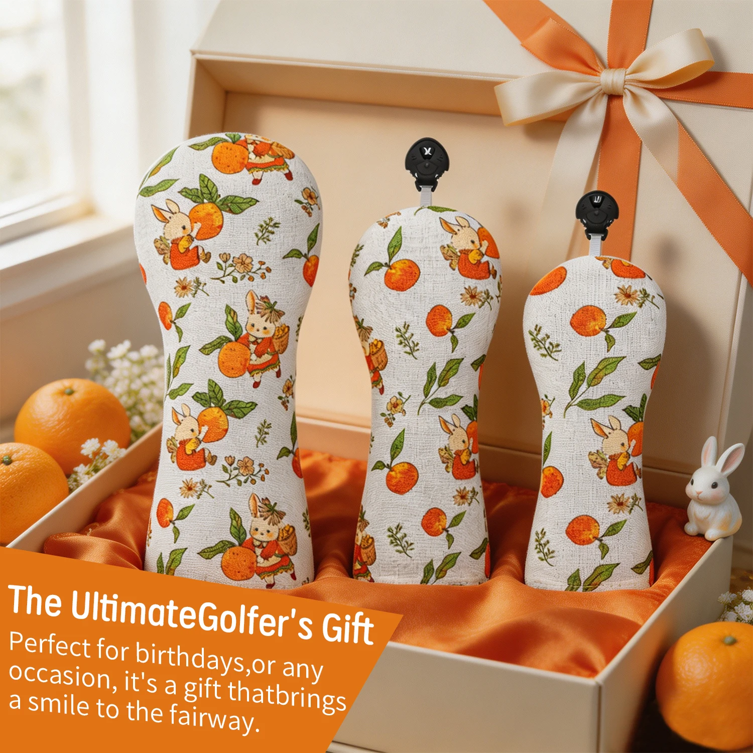 1Pc/3Pcs Orange Rabbit Garden Print Golf Headcovers for Driver Fairway Hybrids, Golf Club Covers for Men & Women Golfers