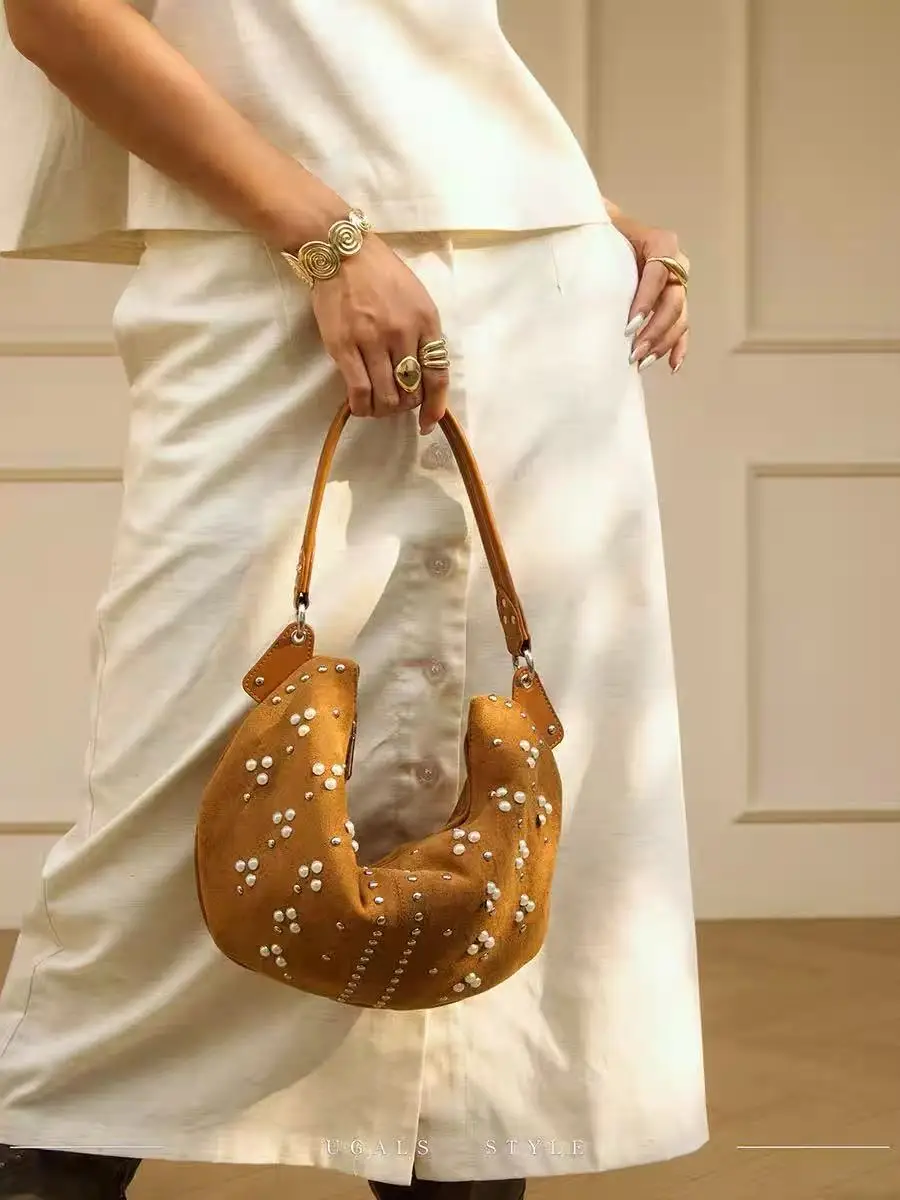 

Beads Beaded Moon Bag Fashion Velvet Women Handbag Female Casual Shoulder Bag High Quality Luxury Clutch Purse Messenger Bag