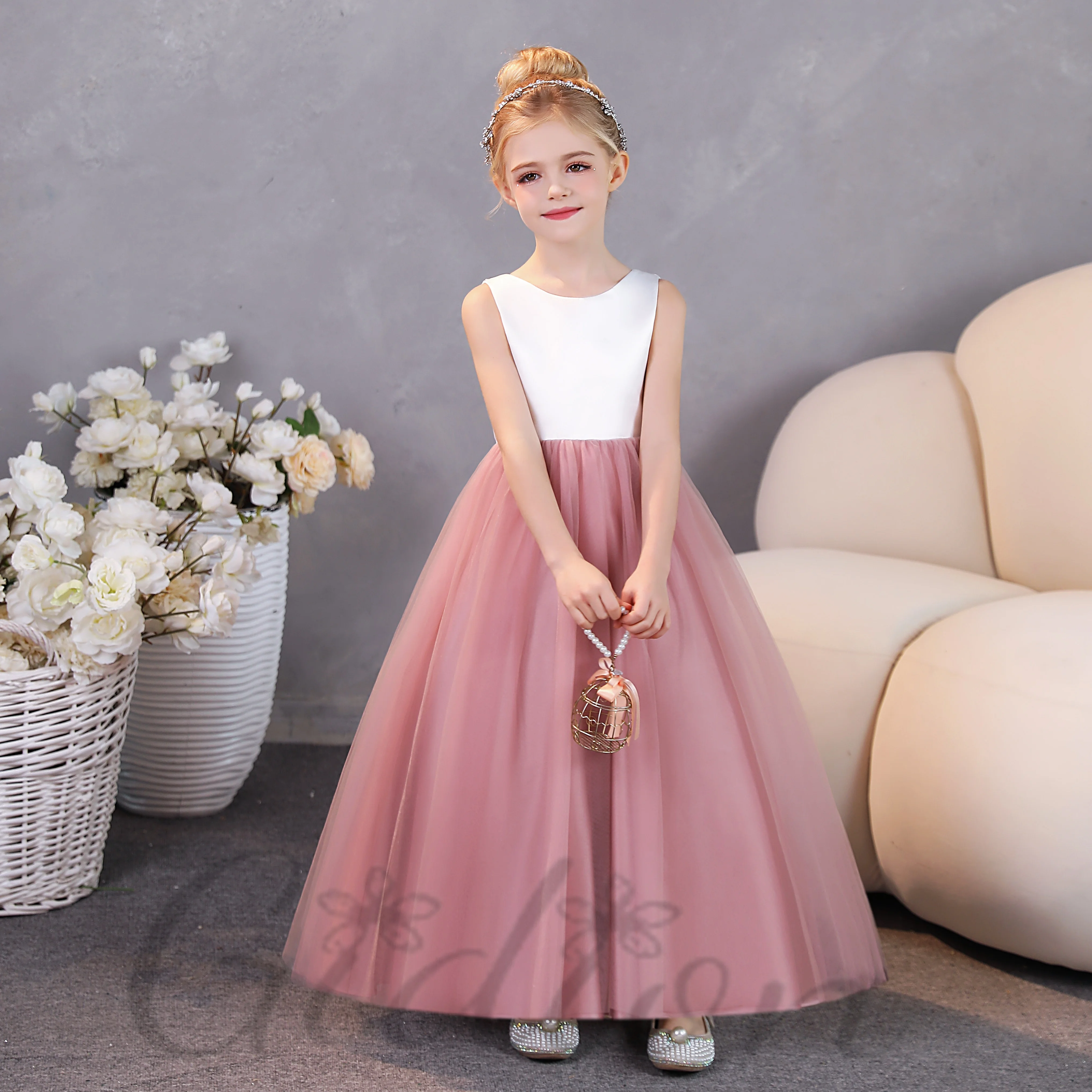 

Satin/Tulle Princess Flower Girl Dress For Kids Wedding Ceremony Prom Night Celebration Banquet Event Ball Evening-Gown Event