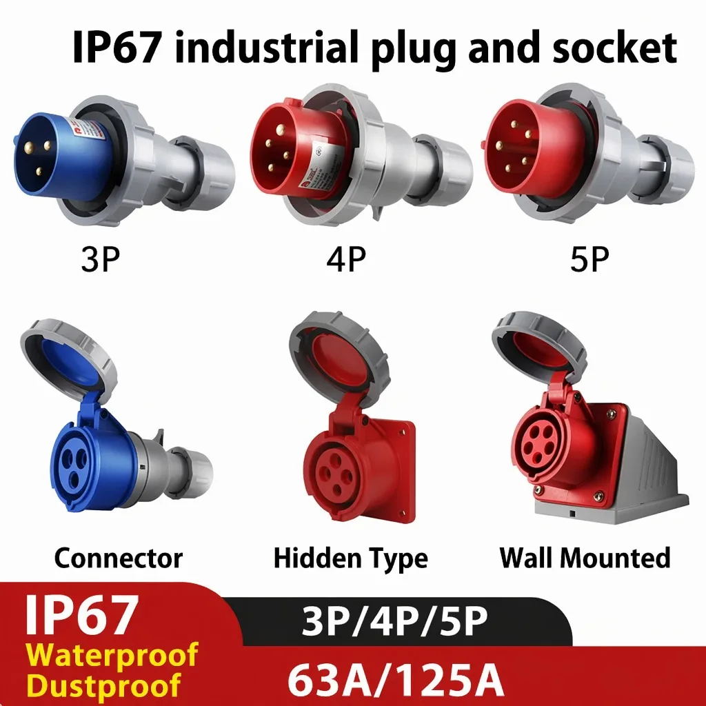 IP67 Waterproof Industrial Male Female Plug Socket 63A 125A  220V 380V Wall Mount Electrical Apparatus Connector 3P/4P/5P