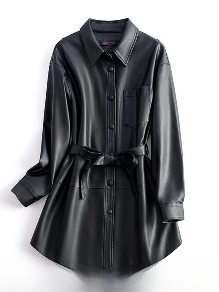 Veste en cuir d'agneau véritable Xu Lu Yang Mi Hair Ning pour femme, mi-longue, nouvelle collection printemps 2025, ceinturée, style décontracté, coupe ample