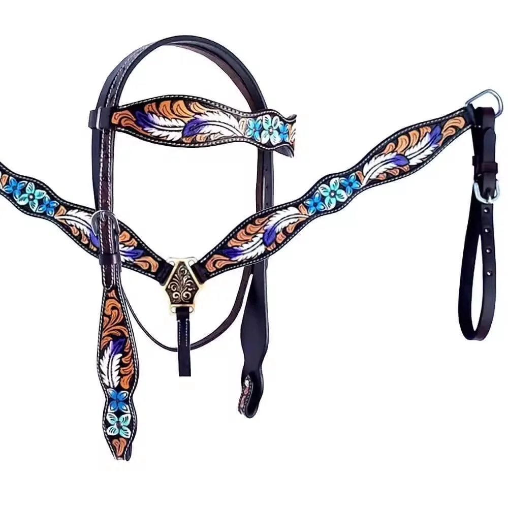 Custom Beaded Horse Feather Western Headstall & Breast Collar: Lightweight Leather Riding Gear With Seasonal Design