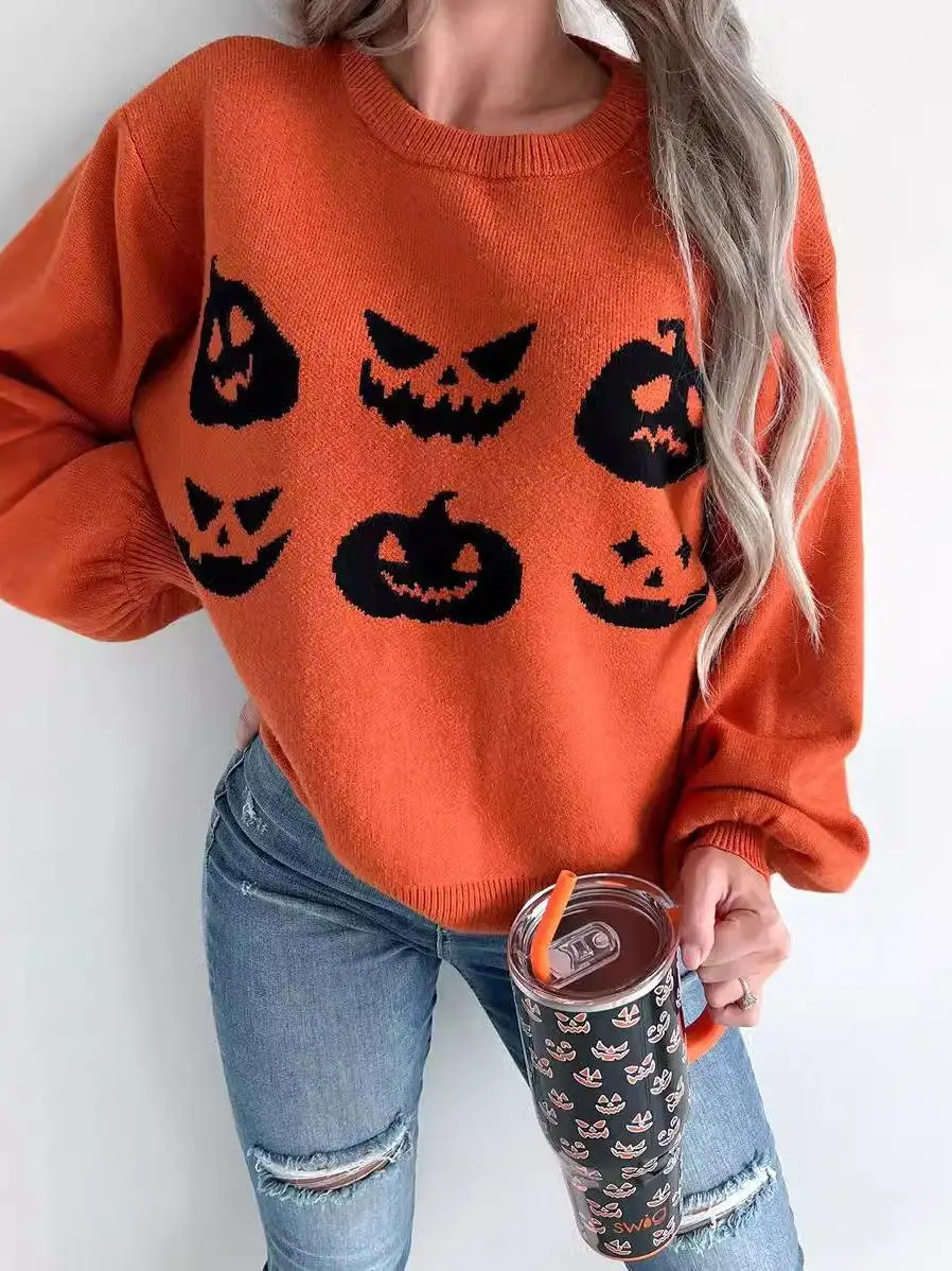 

Orange Halloween Pumpkin Face Pattern Shoulder Bared Sweater Cleanfit Loose Style Long Sleeve Polyester Fiber Women's Knitwear