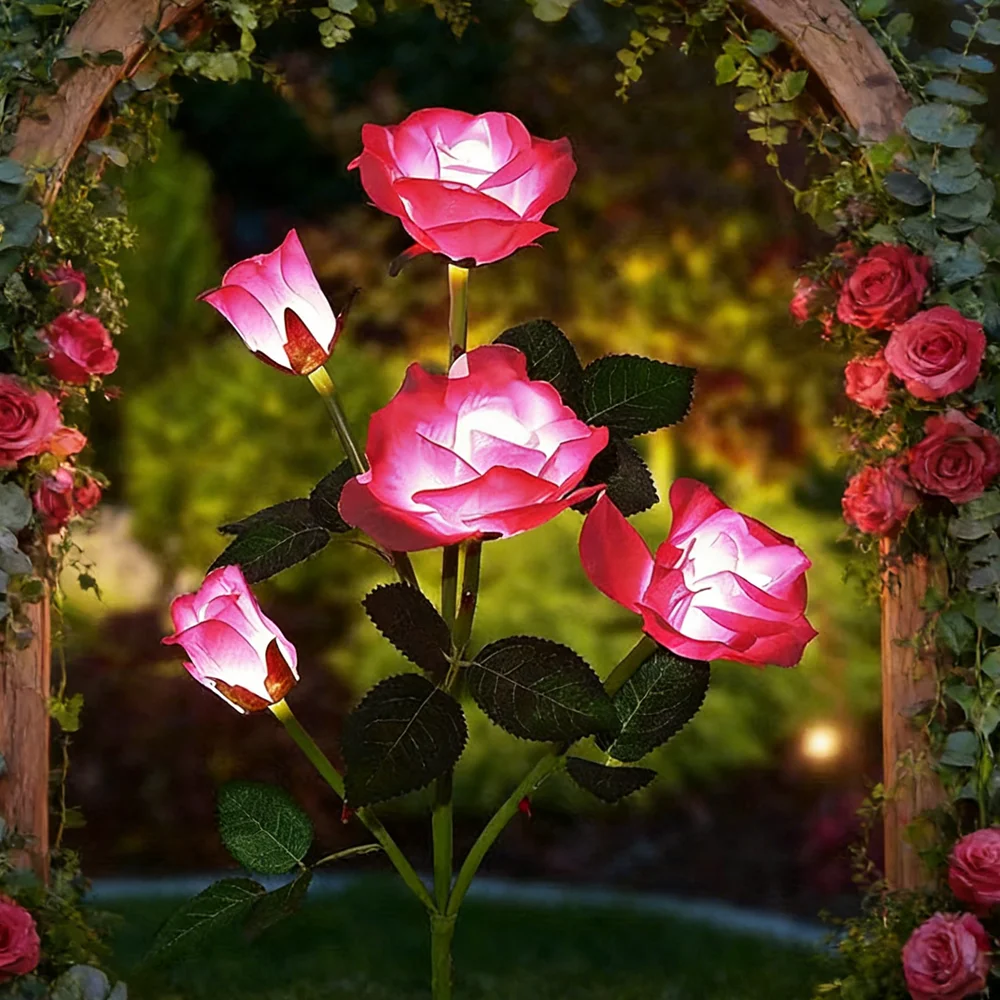 5 Heads Solar Lights Outdoor Decorative Solar Garden Lights Rose Flower Lawn Lamp for Yard Patio Garden Decor Wedding Birthday
