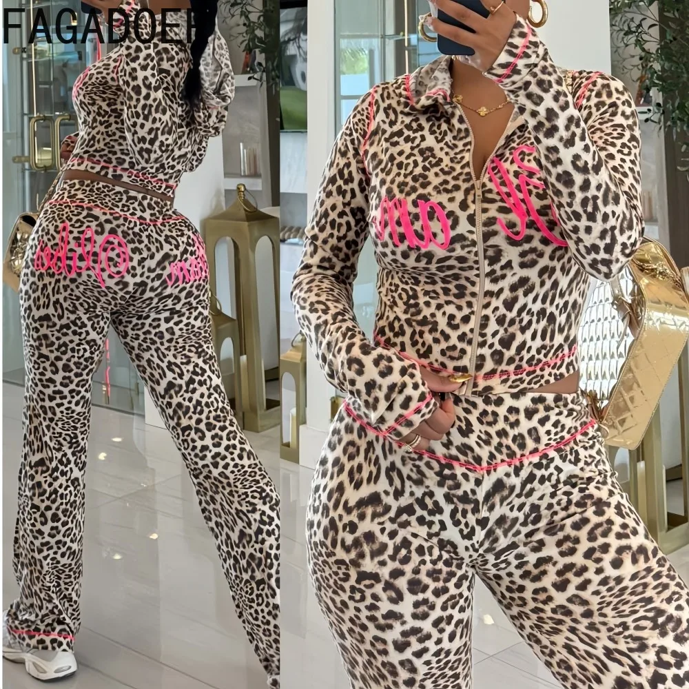 

FAGADOER Autumn New Fashion Leopard Print Two Piece Outfits Woman Zip Long Sleeve Hooded Crop Top and Flare Pants Streetwear