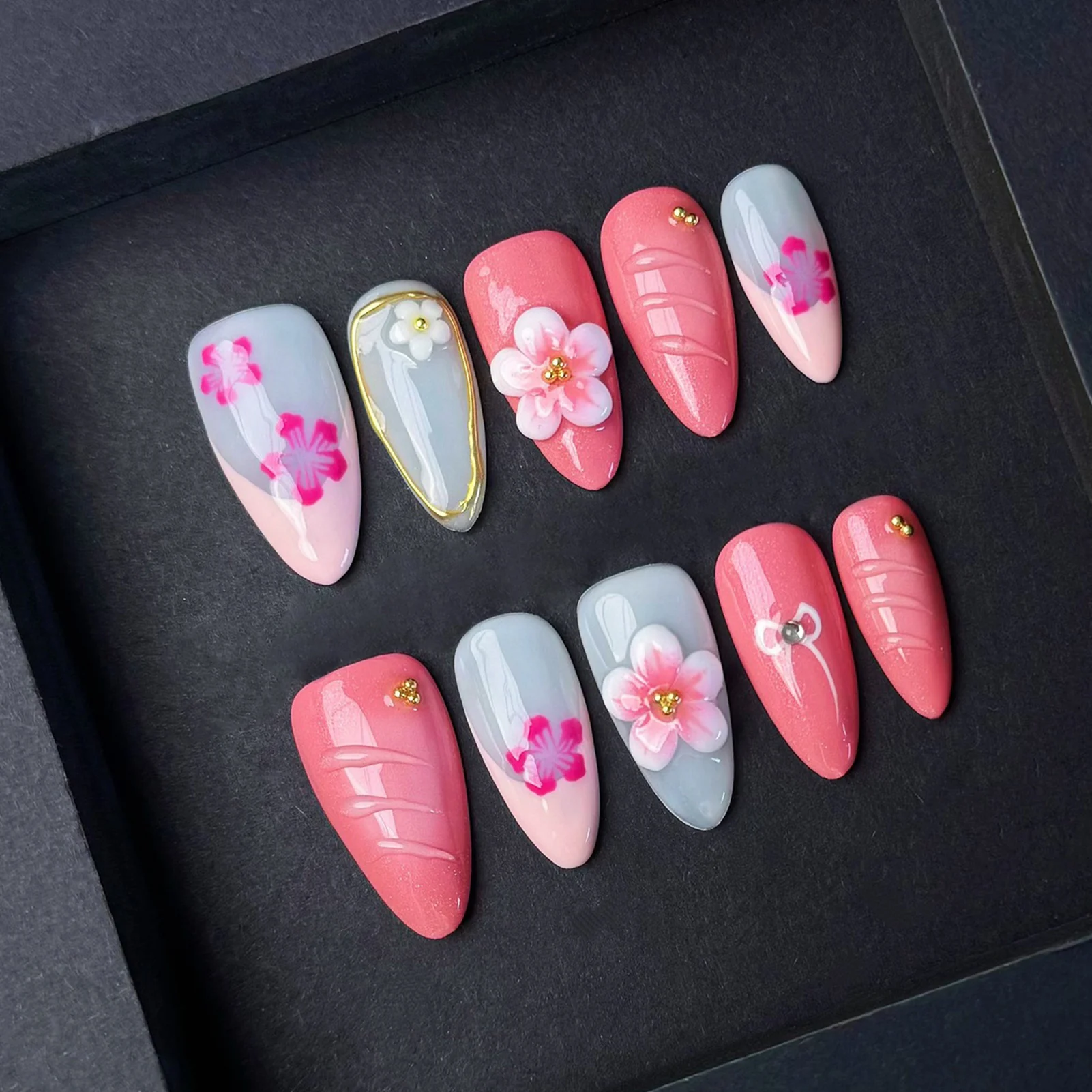 

10 шт., розовые миндалевидные накладные ногти, ногти ручной работы, пресс на 3D цветочный дизайн, милые подвески для девочек, маникюр, полное покрытие, накладные ногти, кончики