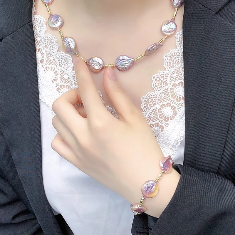 Purple gas Donglai dazzling opposite-sex baroque natural freshwater pearl necklace set 14-16mm European American personality