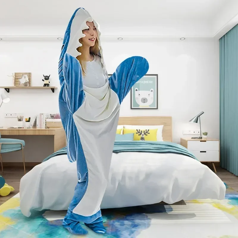 New Cartoon Shark Pajamas Playsuit Kids Parents Hooded Warm Flannel Blanket Pajamas Homesuit Funny Homewear For Slumber Party