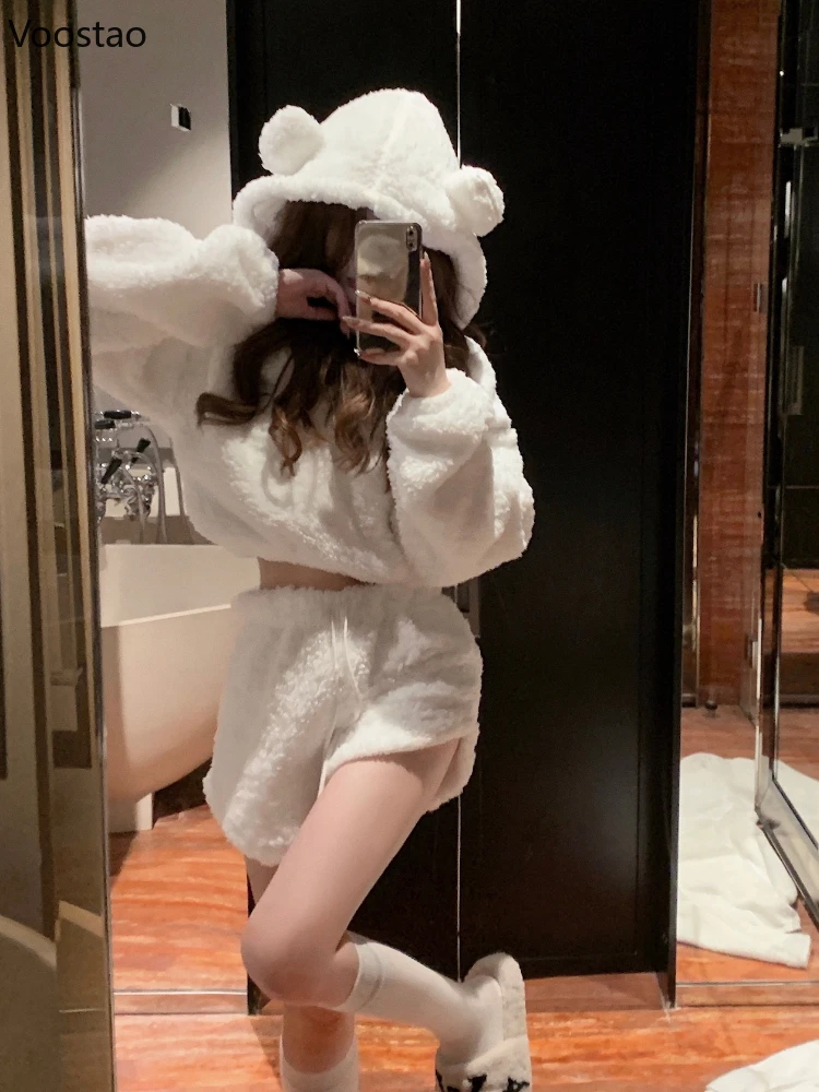 Kawaii Lolita Cute 2 Piece Sets Autumn Winter Women Sweet Chic Bear Ear Hooded Coat High Waist Shorts Girls Harajuku Hoodie Suit