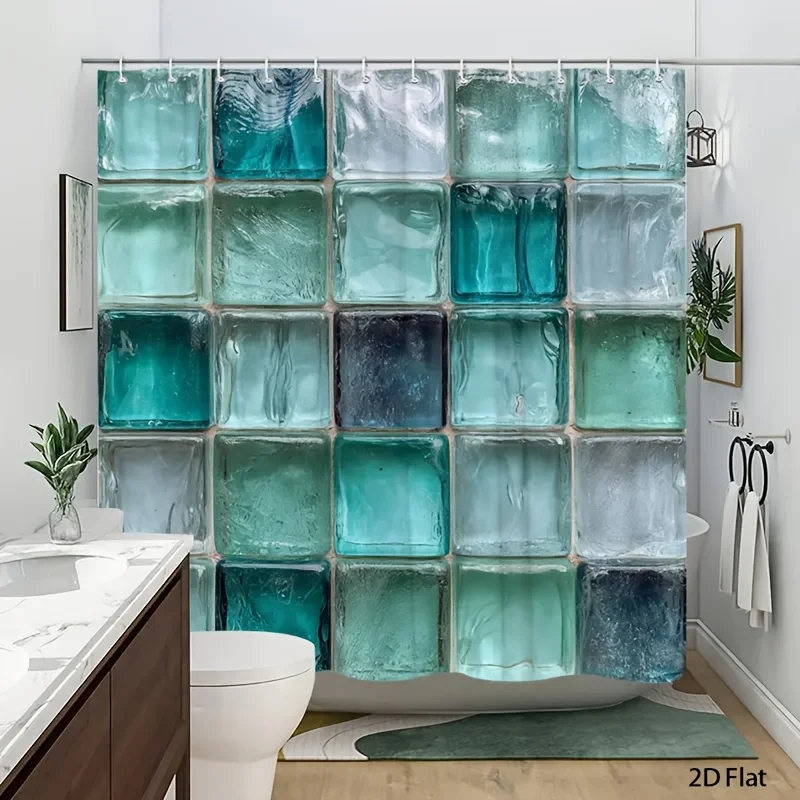 2D Flat, 2D Flat, 1pc of Modern Minimalist Style Shower Curtain, 2D Flat Printing, Printed with Glass Brick Patchwork Styling, E