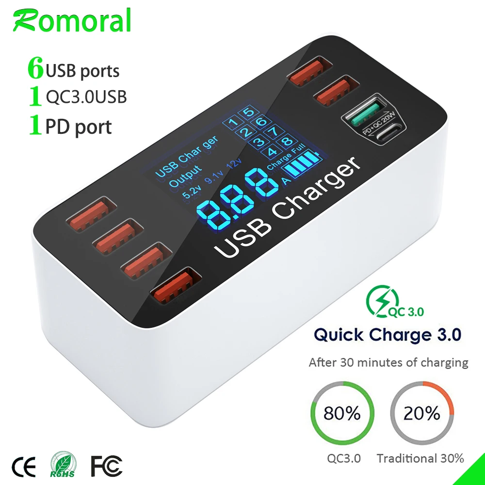 Quick Charge 3.0 adattatore per caricabatterie rapido 8 caricabatterie USB tipo C caricabatterie per telefono per iPhone Xiaomi Huawei Samsung