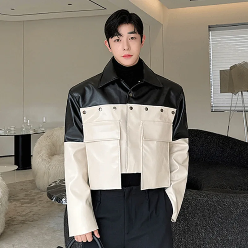 IEFB Niche Design Men\'s Pu Leather Coats Patchwork Big Pockets Contrast Color Lapel Single Breasted Male Slim Jackets New 9C7531