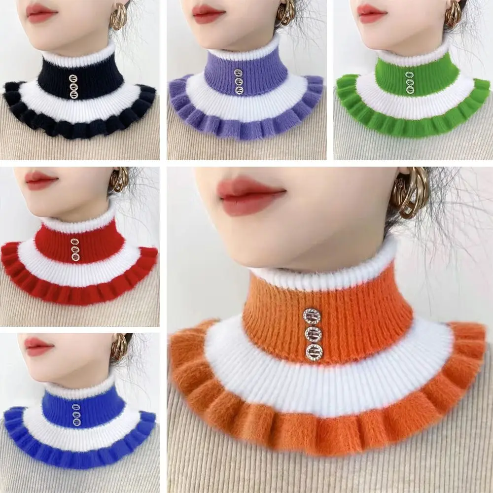 New Winter Thick Mink Velvet Ruffle Elastic Fake Collar Pullover Warm Scarve Women's Wool Knit Stripe Diamond Neck Guard Scarf