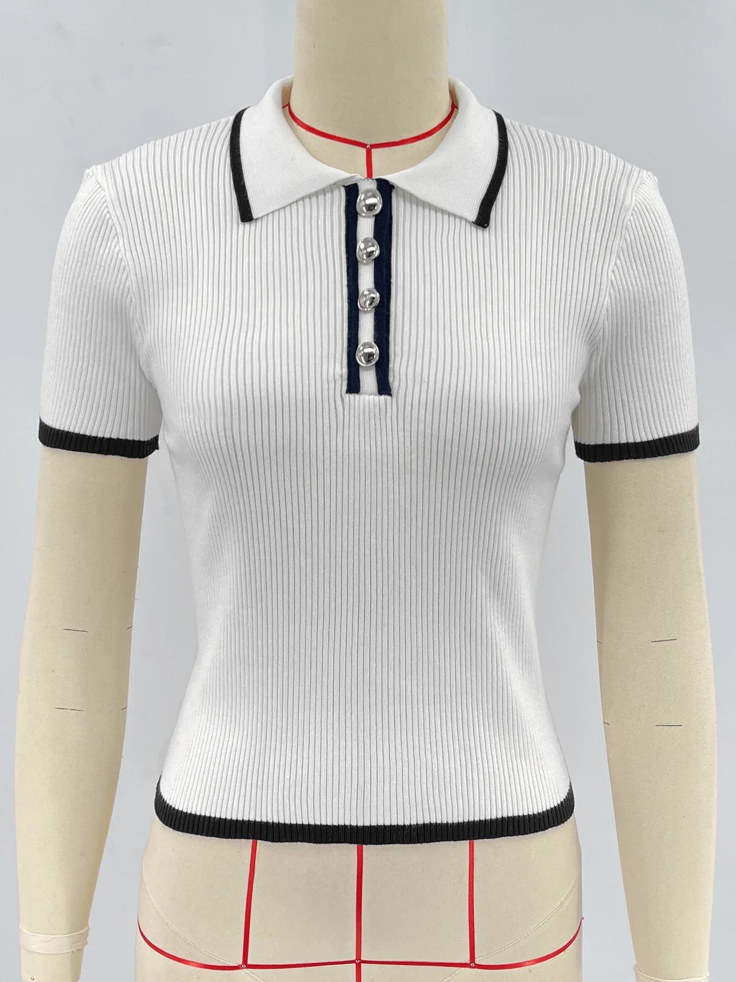 Talenza Women's Knitted Pullover Fashion Short Sleeve Patchwork Sweater Top Elegant Slim Contrast Lapel Knitted Pullover Top