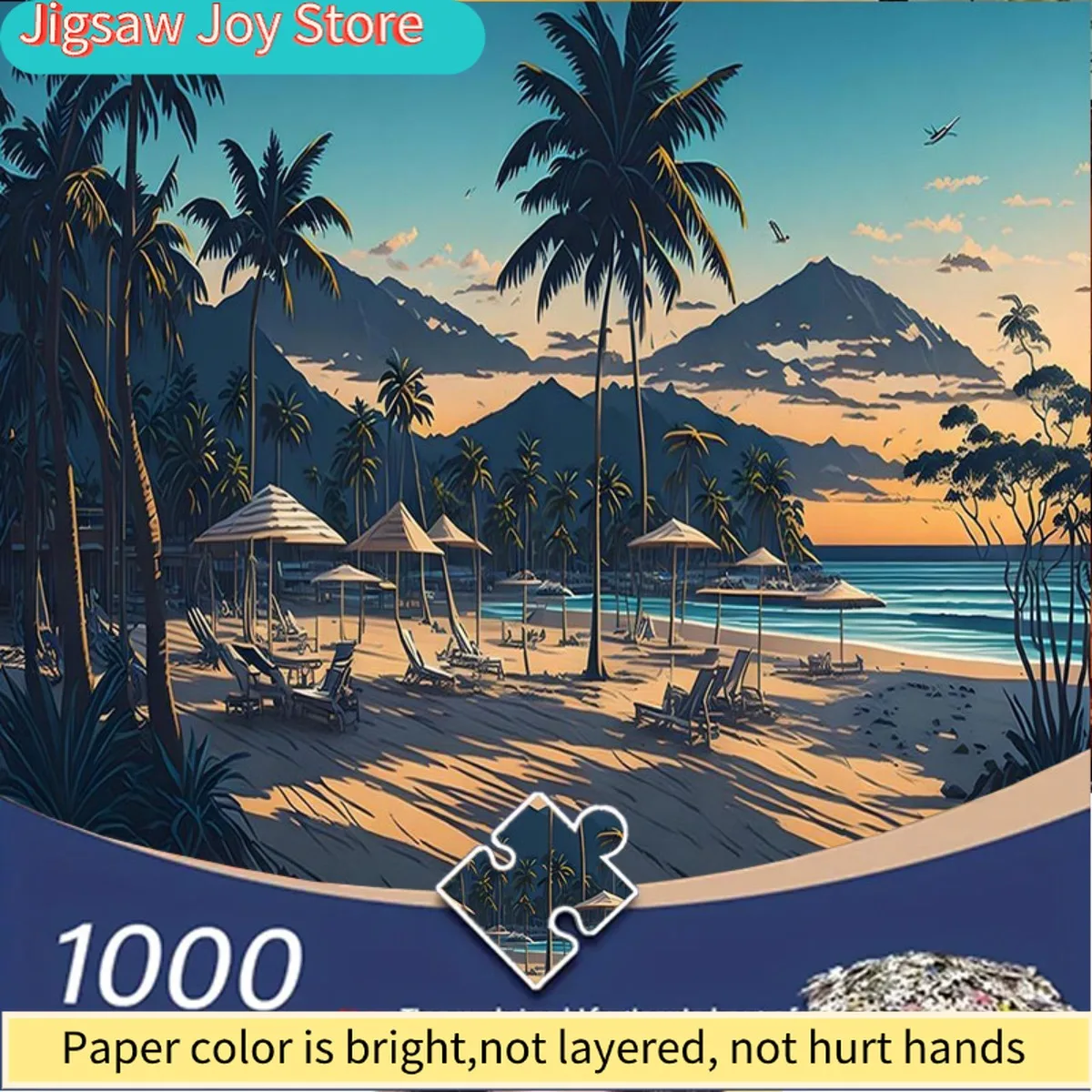 

Пазл из 1000 деталей для взрослых с изображением пляжа на закате, пальм, зонтов и гор на фоне.