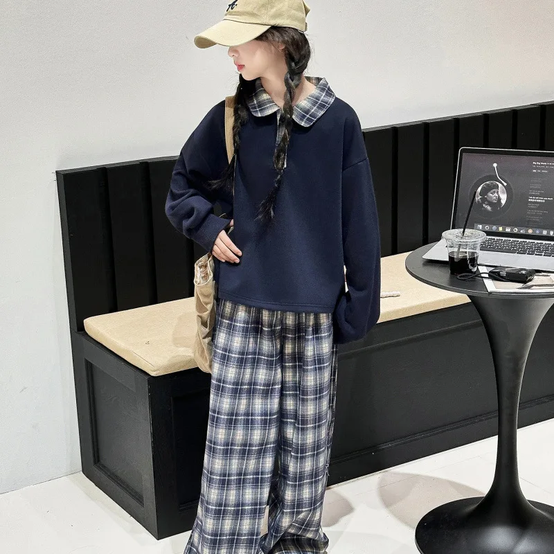 children-girl-outfit-autumn-kids-girl-patchwork-turn-down-collar-sweatshirt-junior-girls-plaid-wide-leg-pant-4-14y-girl-2pcs-set