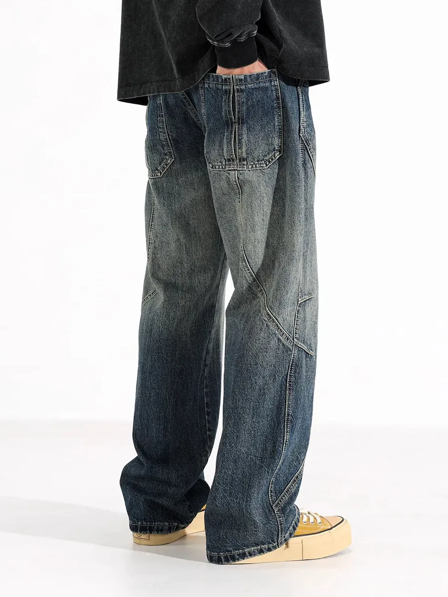 กางเกงยีนส์ทรงหลวมสไตล์เรโทรสำหรับผู้ชาย ฤดูใบไม้ผลิ แบรนด์อเมริกัน ยีนส์เดนิม ทรงขาบาน ทันสมัย