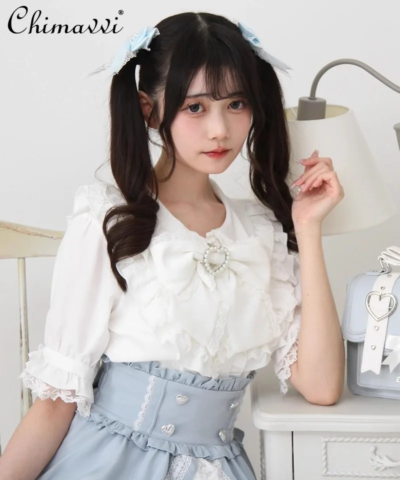 

2025 Summer New Japanese Mine Sweet Big Bow Cute Shirt Girl Kawaii Fungus Lace Short-sleeved Lolita Shirt Womens Y2k Top