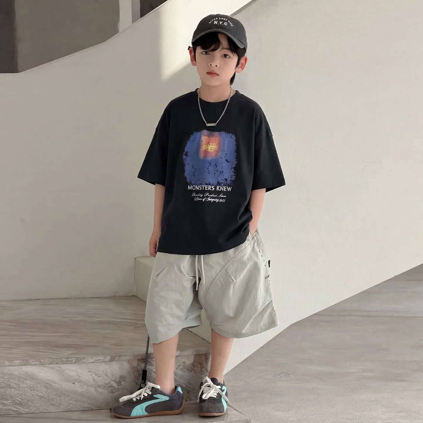Cotton T‑Shirt Abstract Sunset Image and MONSTERS KNEW Letter Printed Short‑Sleeve Hip‑Hop Streetwear Kids Summer Tops