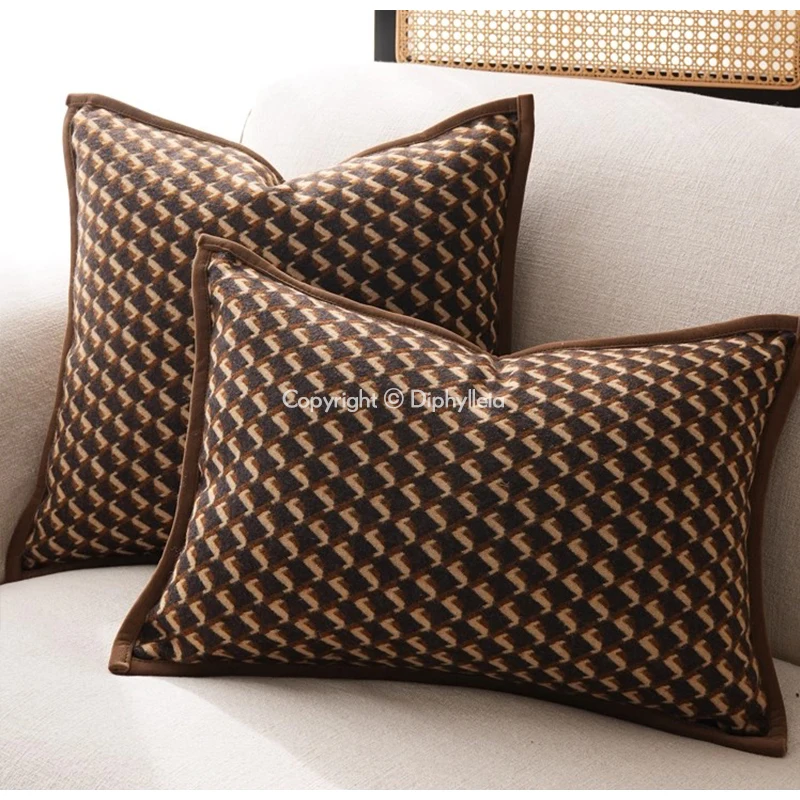 Diphylleia FF Casa Style Luxury Wool Classic Cushion Cover Terracotta Brown Geometric Decorative Pillow Case For Sofa Couch Bed