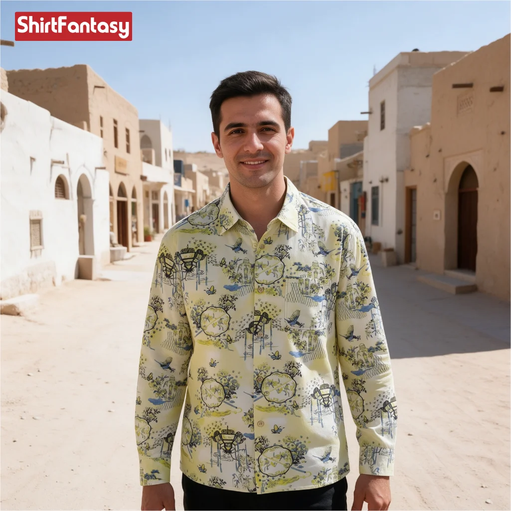 Men's Vintage Chinese Style Printed Shirt Long Sleeve Casual Button Down Shirt Floral Lantern Bird Landscape Pattern Top for Men