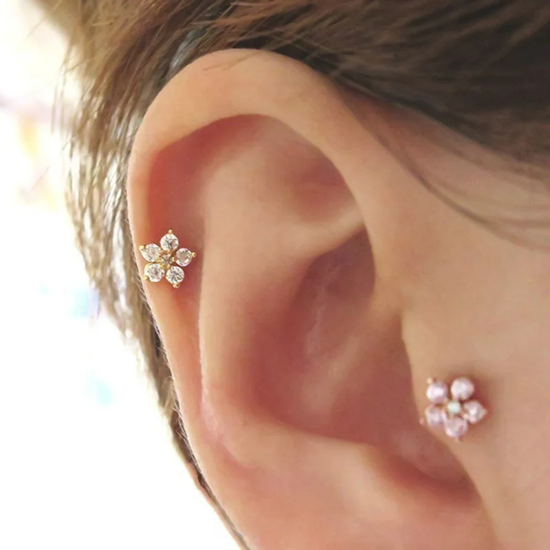 1 Paar weiß schwarz rosa lila Blume Tragus Knorpel Helix Piercing Kristall Zirkon Ohr stecker Ohrring Party Schmuck Großhandel