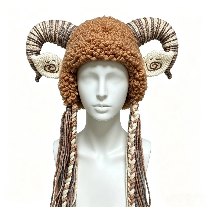 Handmade Colorful Cow Goat Horn Hat Women Winter Custom Crochet Thick Knit Beanie Men Warm Cosplay Gothic Halloween Outdoor Caps