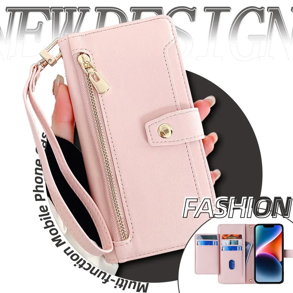 Colorful Card Slots Wallet Portable Phone Case for Iphone 15 14 13 12 11 Pro Max Plus Samsung S24 S23 S22 Ultra Cover with Strap