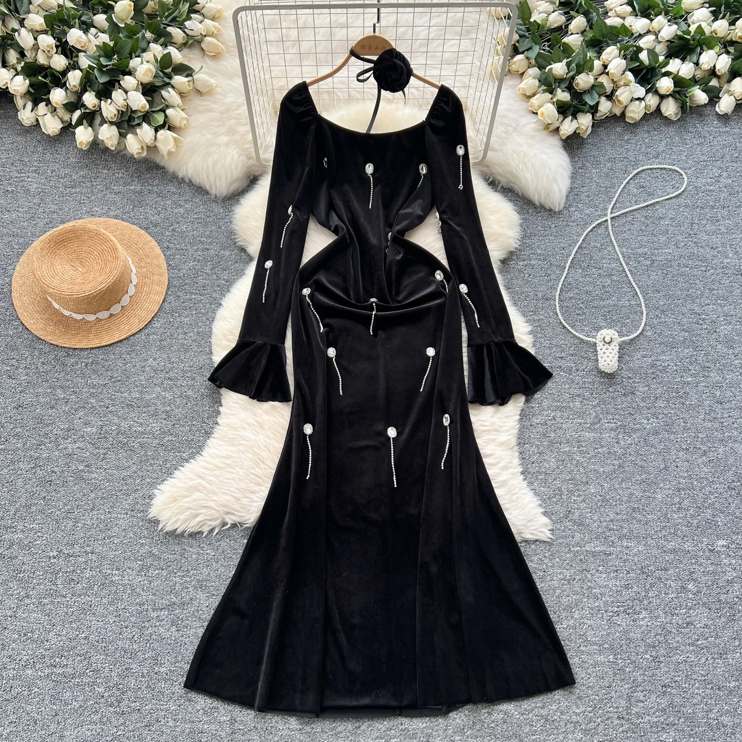 Elegante colletto quadrato vintage maniche lunghe svasate strass abiti lunghi in velluto sottile abiti da sera francesi abbigliamento invernale da strada