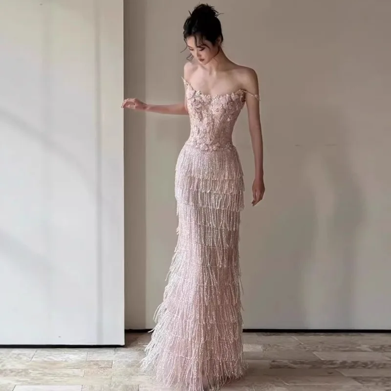 Vestido de noite sem alças multicamadas com borla rosa para aniversário, baile, banquete, cerimônia de maioridade, formatura e casamento