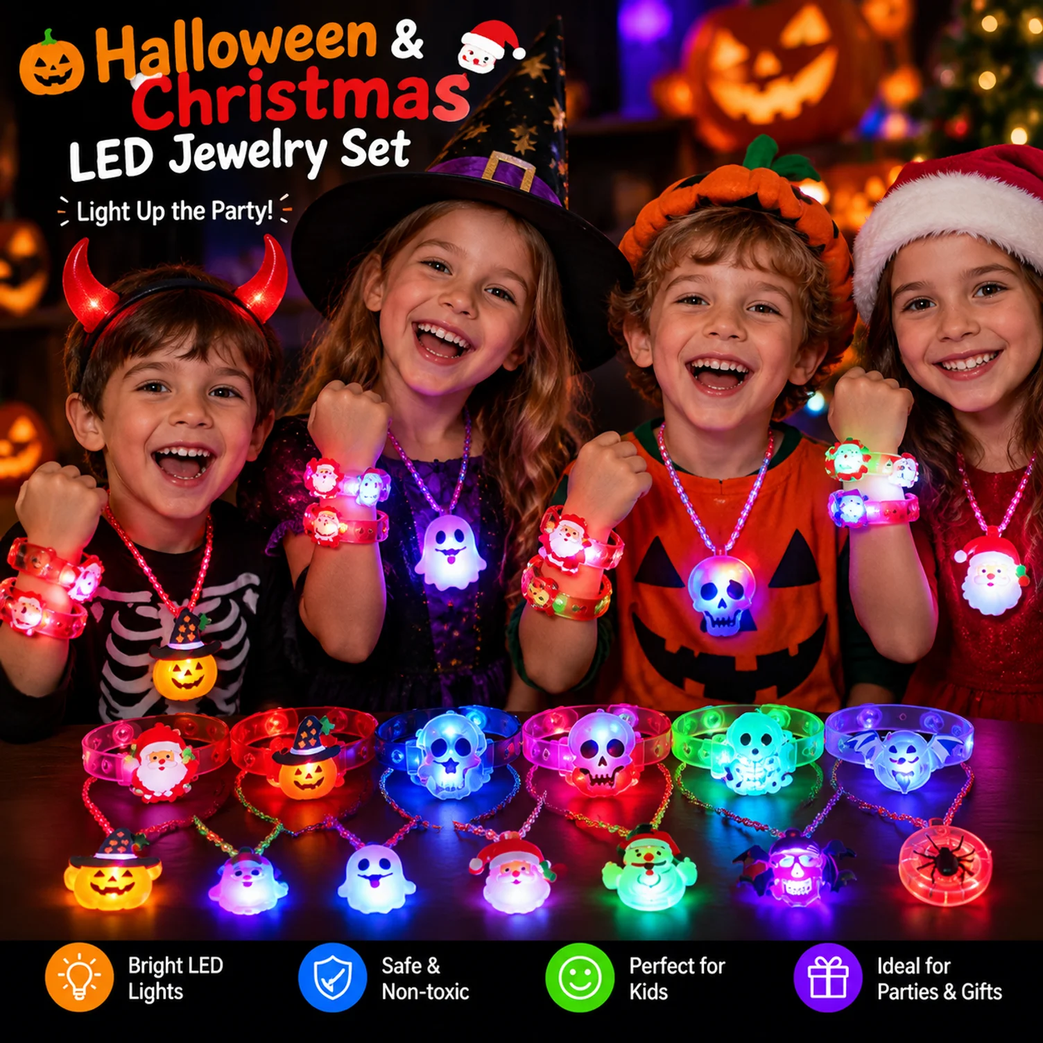 Halloween LED Glow Pumpkin Ring Light Up Wristband Necklace Watch Set Christmas Party Favor Accessories for Rave Night Glowing