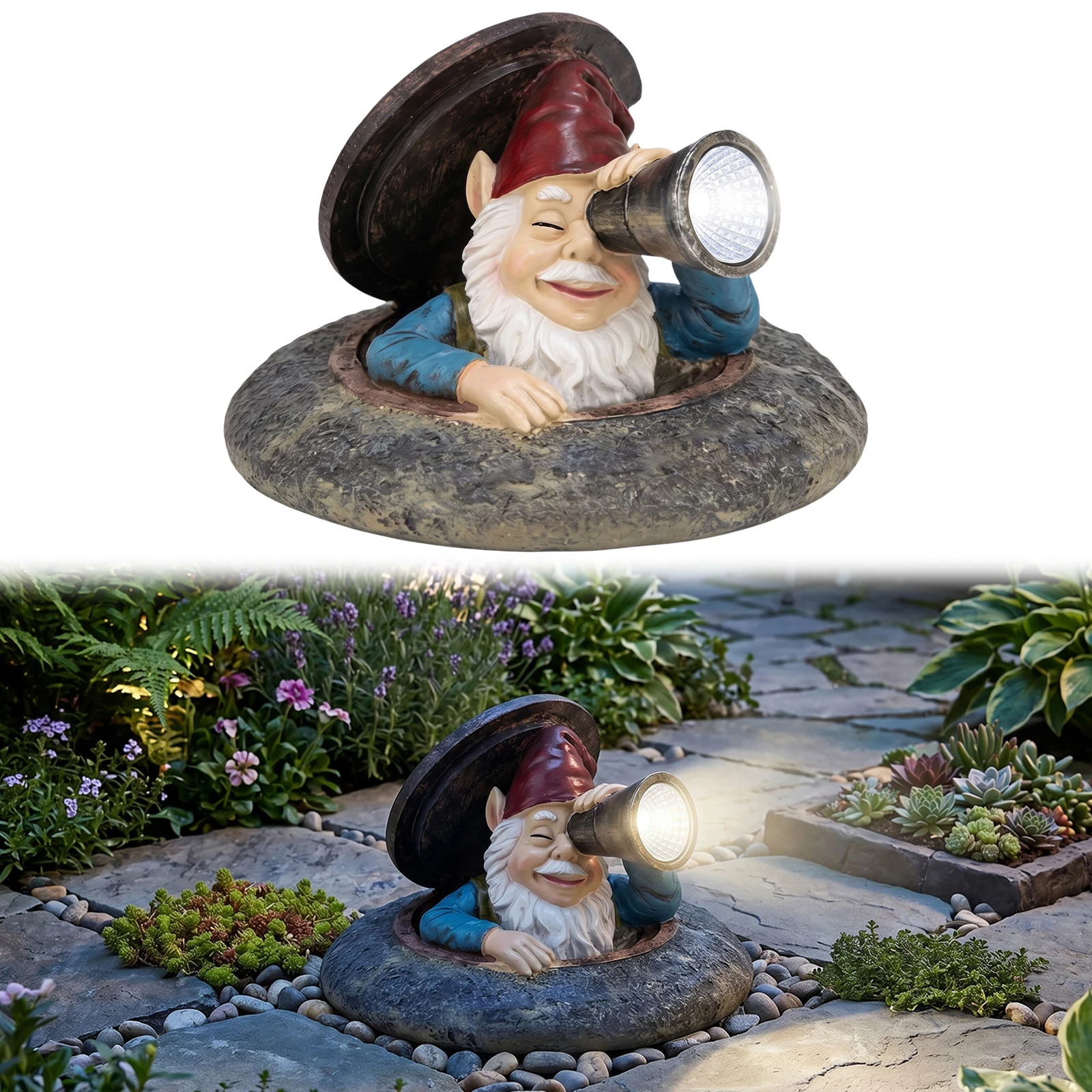 Solar Waterproof Resin Figurine Lights with Solar Light Resin Ornament Peeking From Manhole Cover for Lawn Patio Porch Backyard
