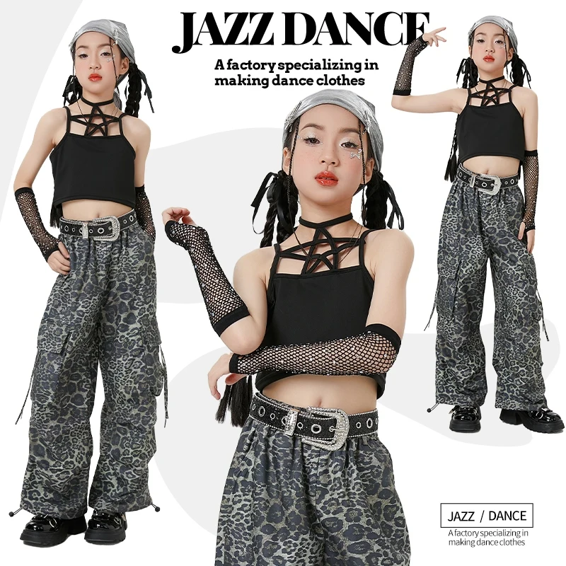 

Children Ballroom Hip Hop Dance Costumes For Kids Black Vest Retro Leopard Pants Suit Modern Jazz Performance Clothes DQS19236