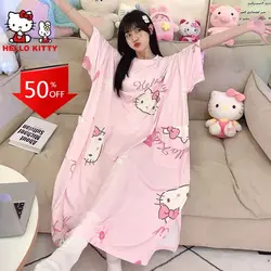 40-125KG HelloKitty Kuromi Cartoon Anime Nightdress Summer Short-sleeved Loose Long Pajama Woman Student Loungewear Large Size