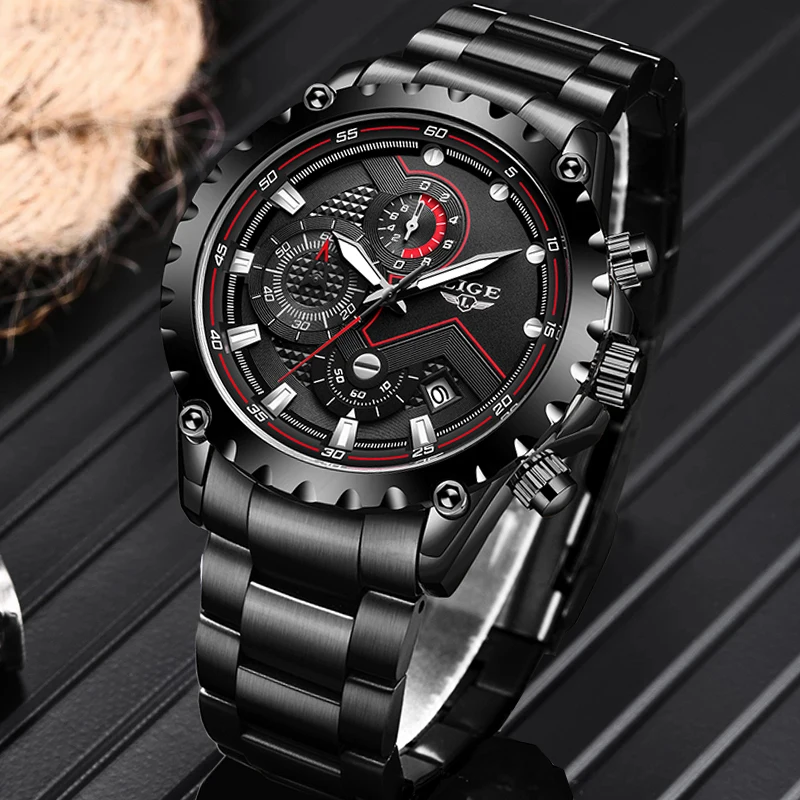 LIGE-Montre étanche de luxe pour homme, grande montre-bracelet à quartz, horloge de date, montres de sport, mode, 30 iko, marque supérieure